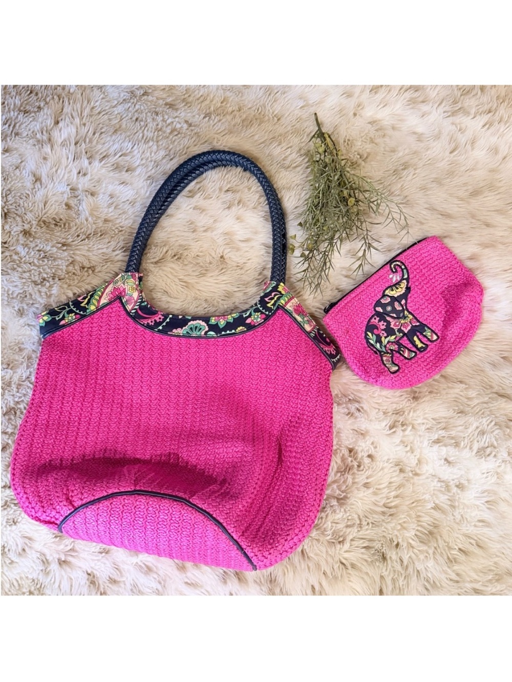 Vera Bradley Pink Woven Tote Bag with Matching Elephant Pouch